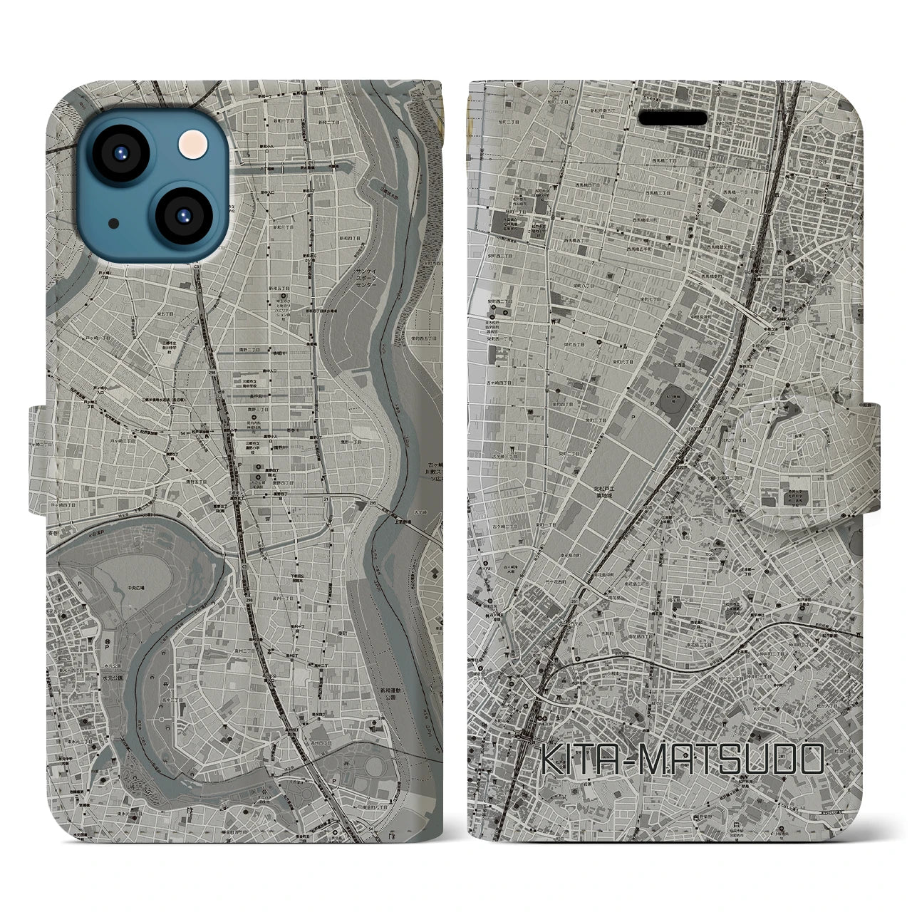 【北松戸(千葉県)】地図柄iPhoneケース(手帳タイプ)モノトーン・iPhone 13 用