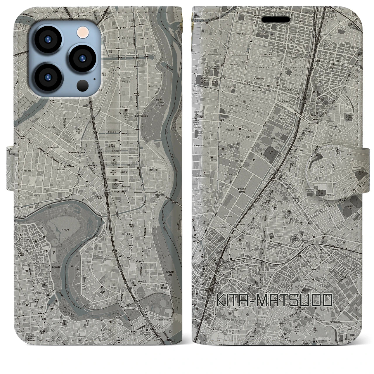 【北松戸(千葉県)】地図柄iPhoneケース(手帳タイプ)モノトーン・iPhone 13 Pro Max 用