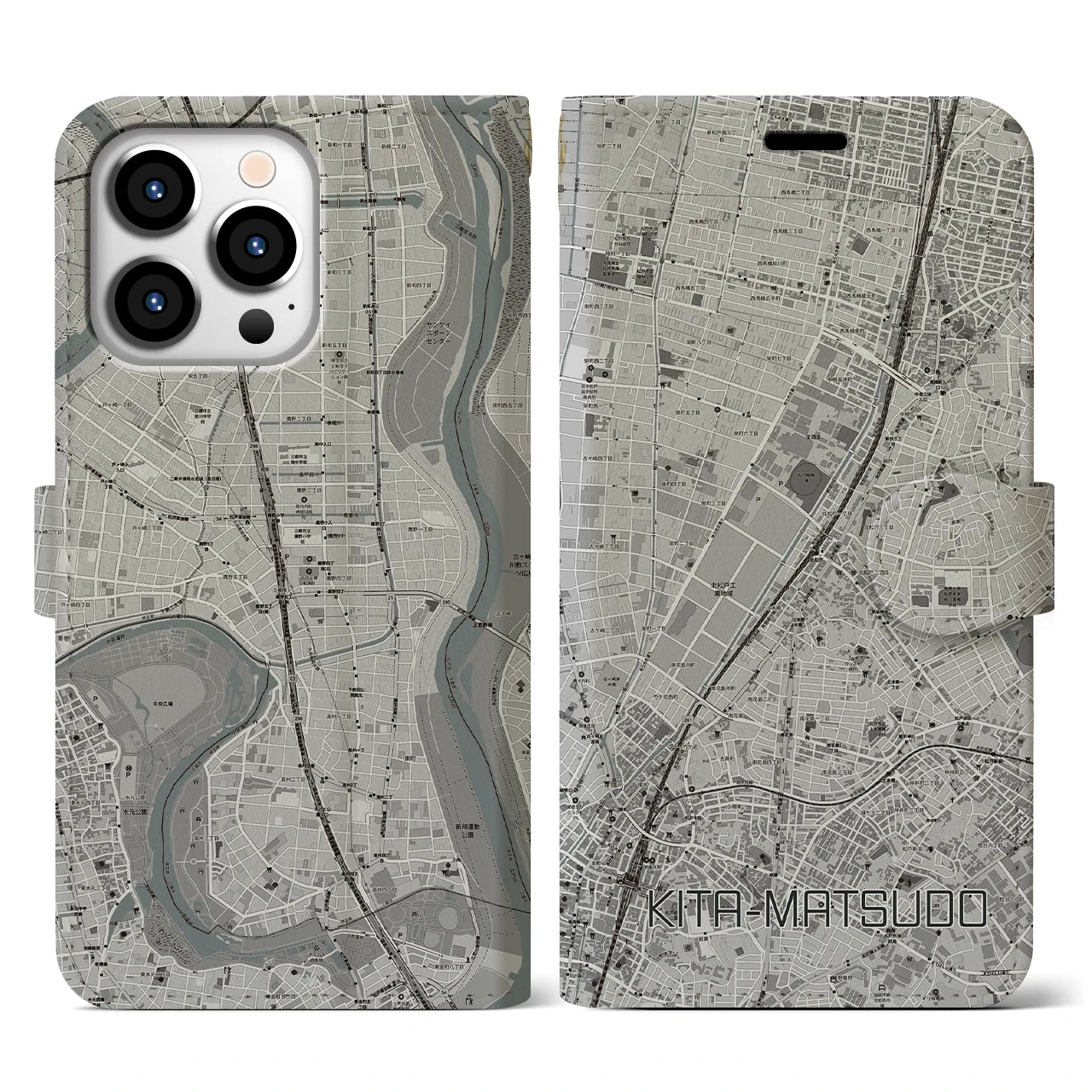 【北松戸(千葉県)】地図柄iPhoneケース(手帳タイプ)モノトーン・iPhone 13 Pro 用