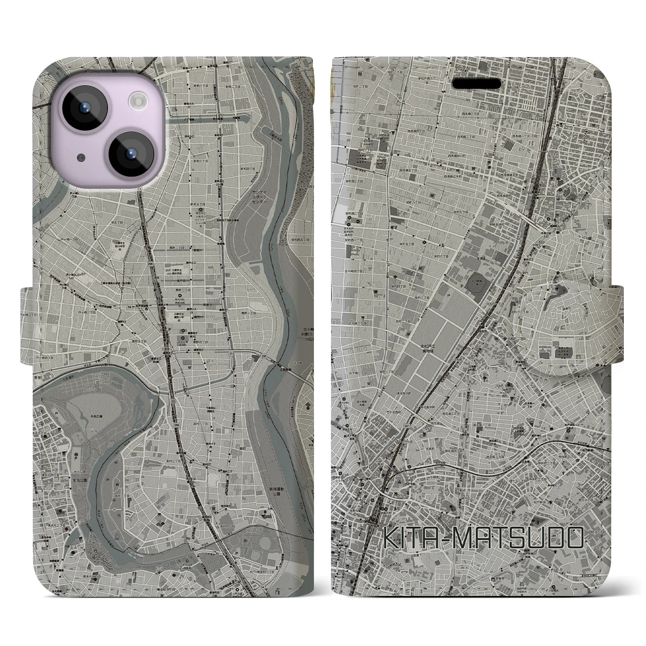 【北松戸(千葉県)】地図柄iPhoneケース(手帳タイプ)モノトーン・iPhone 14 用