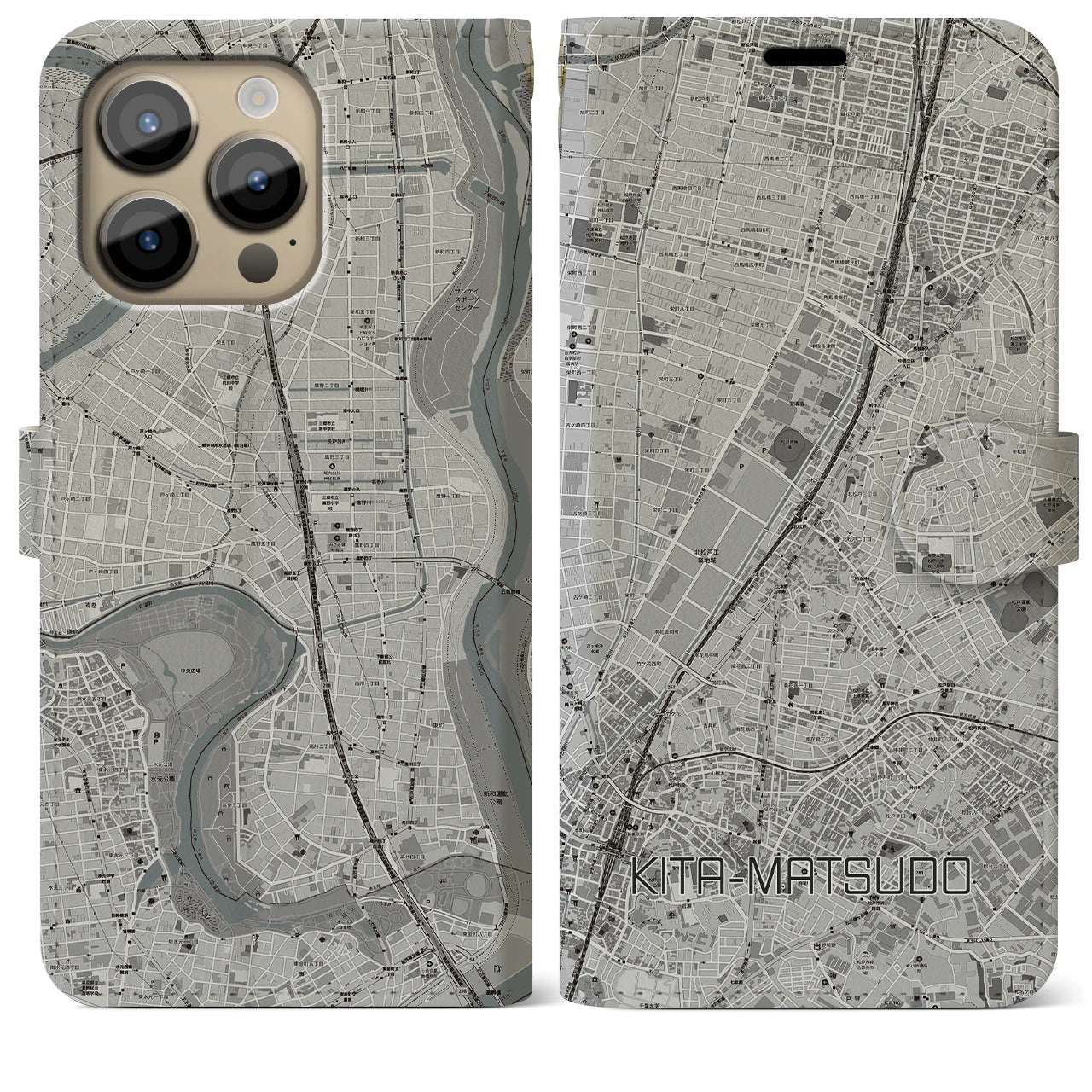 【北松戸(千葉県)】地図柄iPhoneケース(手帳タイプ)モノトーン・iPhone 14 Pro Max 用