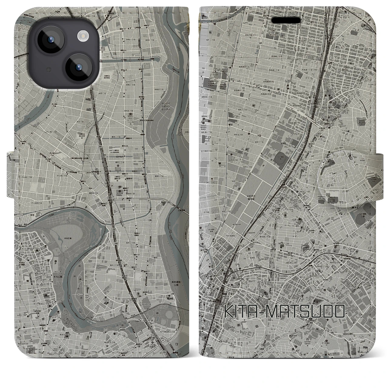 【北松戸(千葉県)】地図柄iPhoneケース(手帳タイプ)モノトーン・iPhone 14 Plus 用