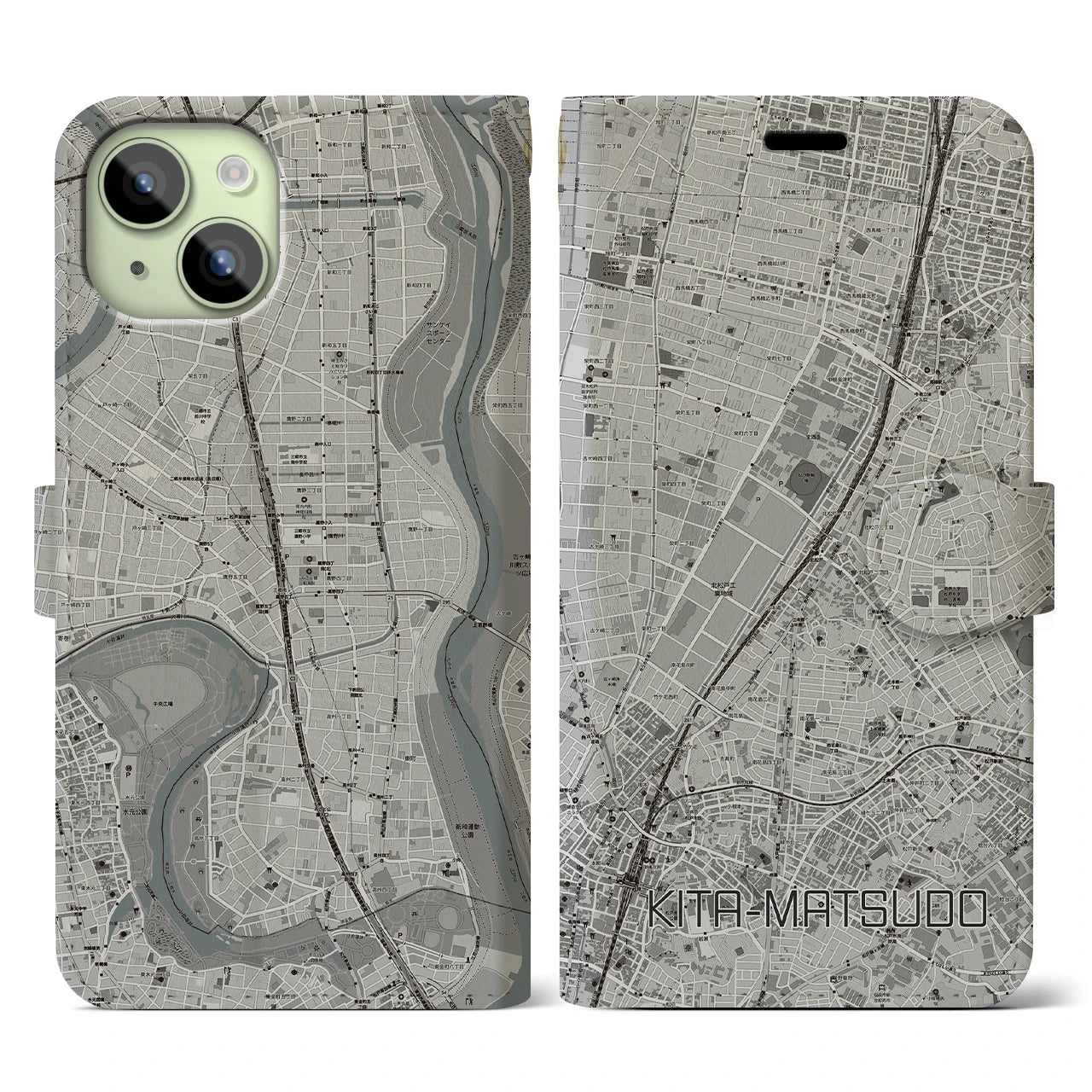 【北松戸(千葉県)】地図柄iPhoneケース(手帳タイプ)モノトーン・iPhone 15 用