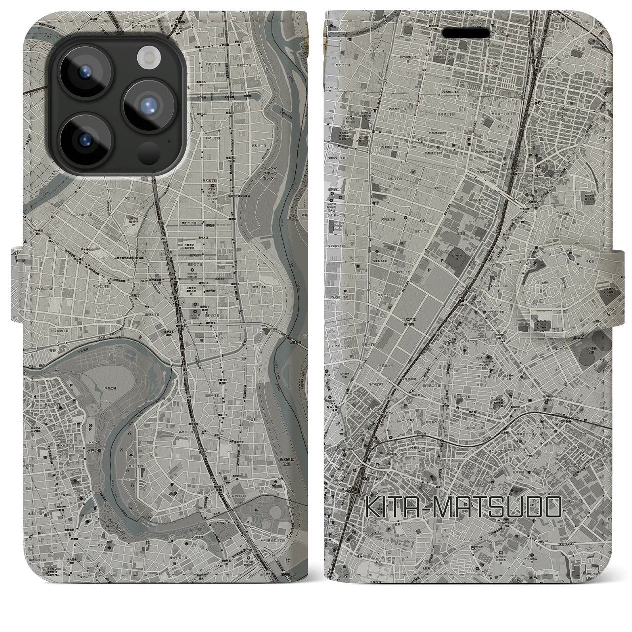 【北松戸(千葉県)】地図柄iPhoneケース(手帳タイプ)モノトーン・iPhone 15 Pro Max 用