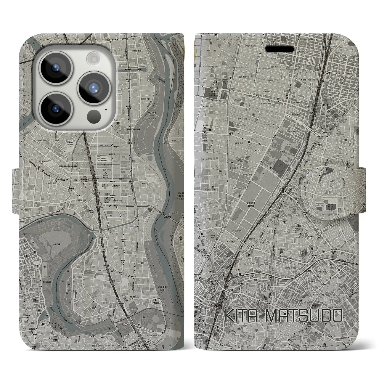 【北松戸(千葉県)】地図柄iPhoneケース(手帳タイプ)モノトーン・iPhone 15 Pro 用