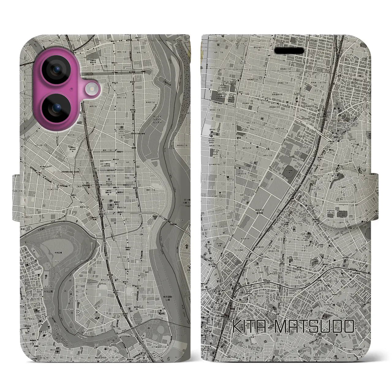 【北松戸(千葉県)】地図柄iPhoneケース(手帳タイプ)モノトーン・iPhone 16 Pro 用