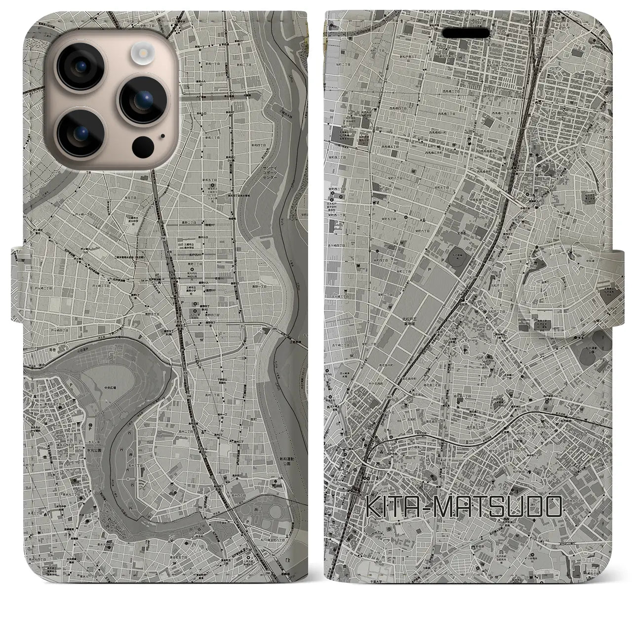 【北松戸(千葉県)】地図柄iPhoneケース(手帳タイプ)モノトーン・iPhone 16 Plus 用
