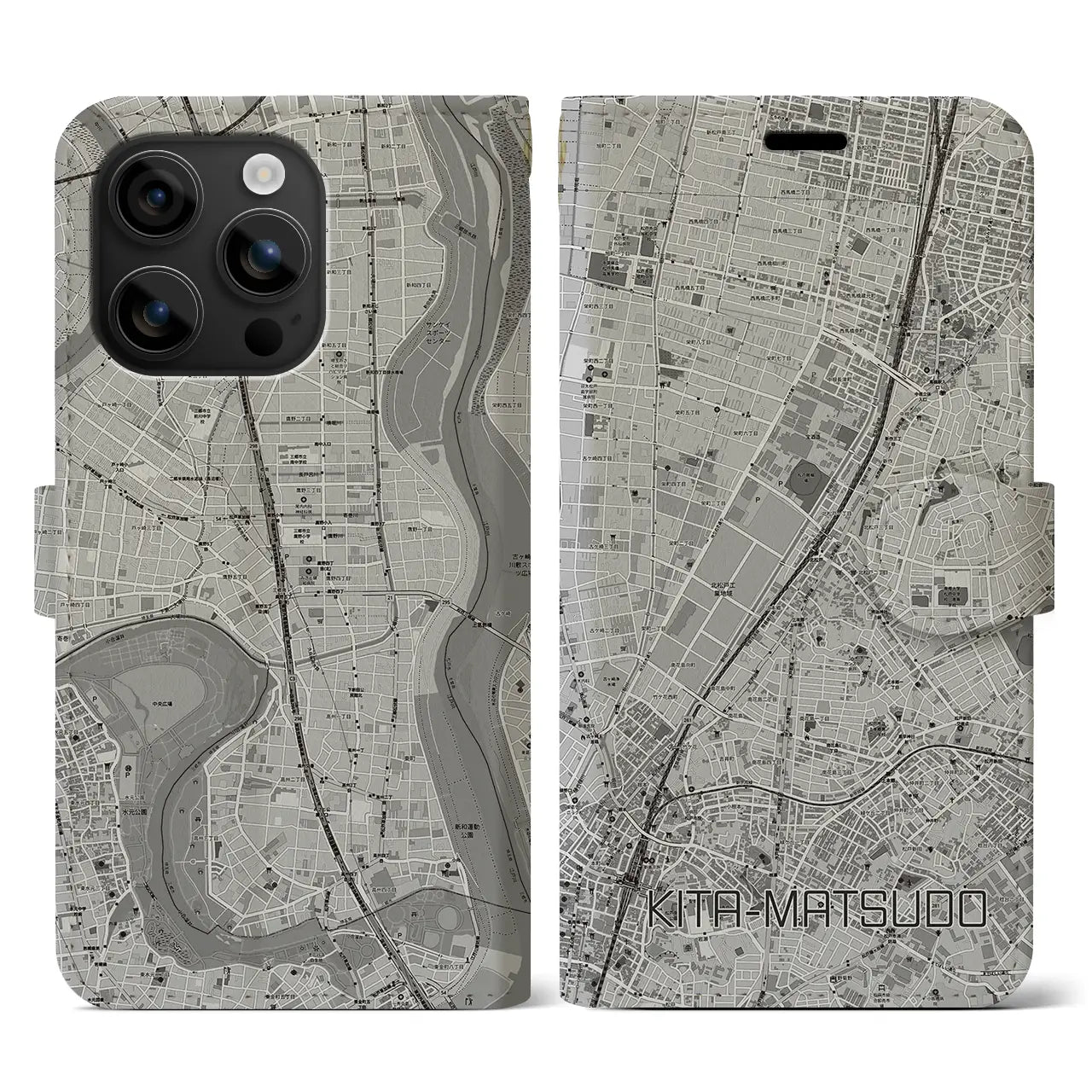 【北松戸(千葉県)】地図柄iPhoneケース(手帳タイプ)モノトーン・iPhone 16 用
