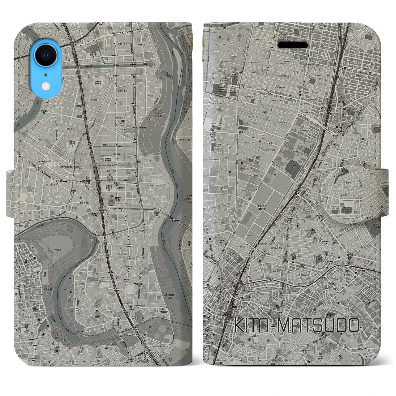 【北松戸(千葉県)】地図柄iPhoneケース(手帳タイプ)モノトーン・iPhone XR 用