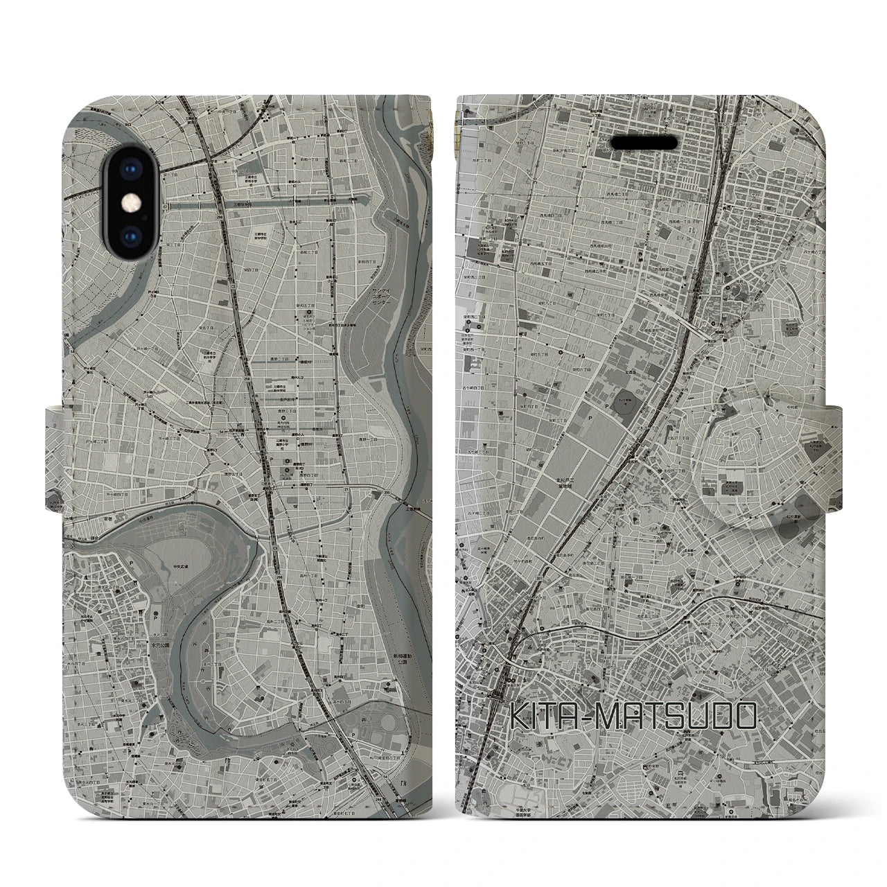 【北松戸(千葉県)】地図柄iPhoneケース(手帳タイプ)モノトーン・iPhone XS / X 用