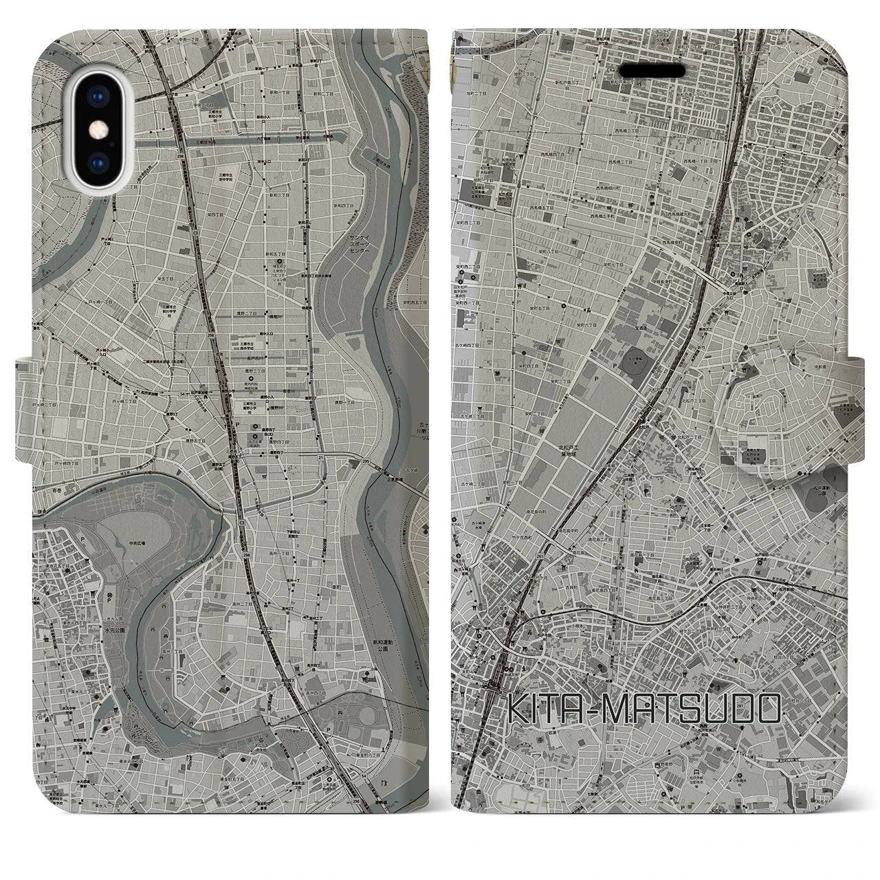 【北松戸(千葉県)】地図柄iPhoneケース(手帳タイプ)モノトーン・iPhone XS Max 用