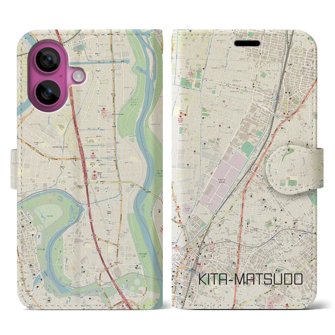 【北松戸(千葉県)】地図柄iPhoneケース(手帳タイプ)ナチュラル・iPhone 16 Pro 用