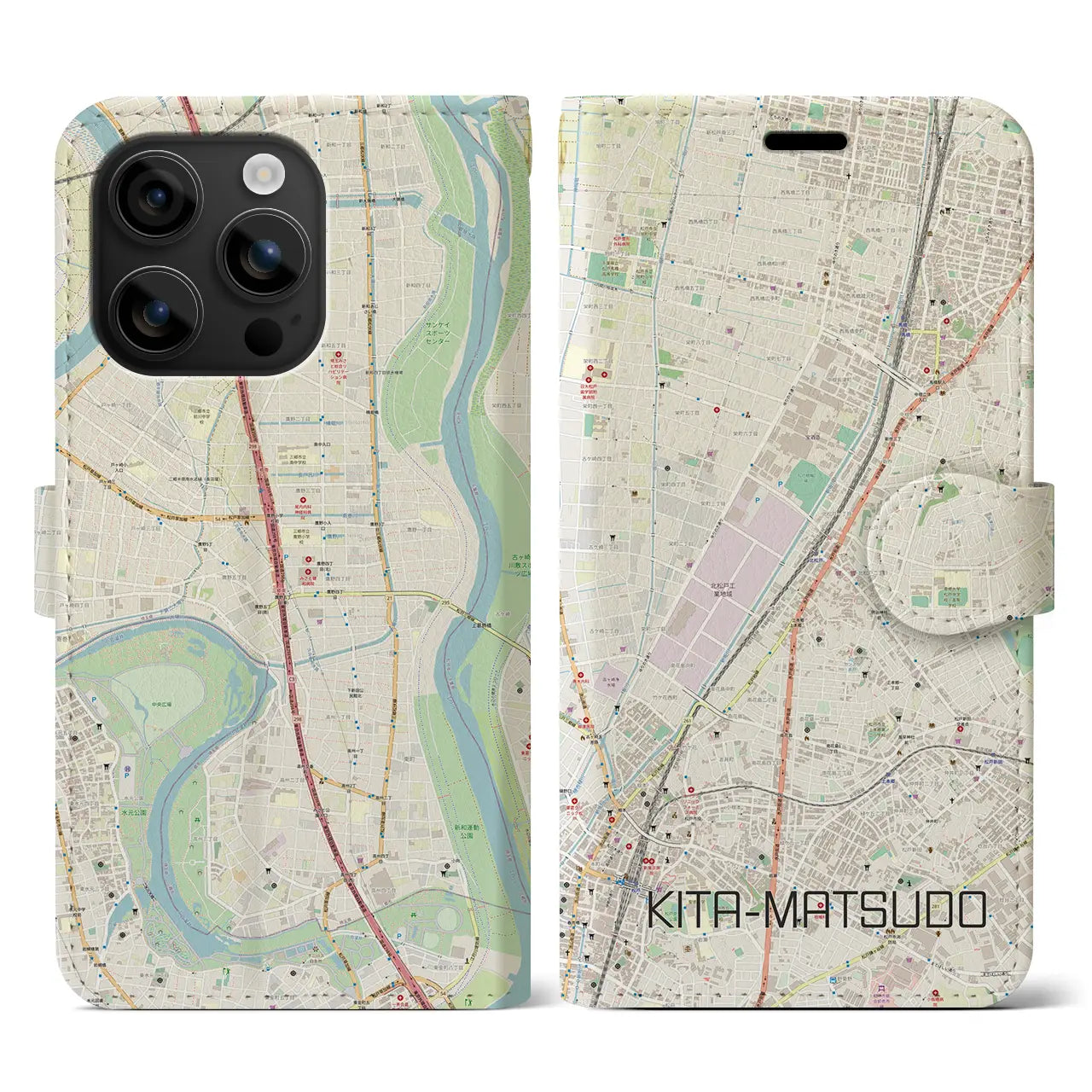 【北松戸(千葉県)】地図柄iPhoneケース(手帳タイプ)ナチュラル・iPhone 16 用
