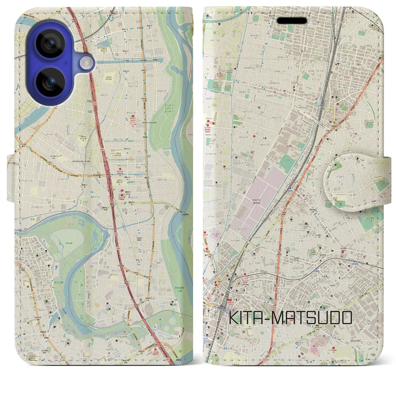 【北松戸(千葉県)】地図柄iPhoneケース(手帳タイプ)ナチュラル・iPhone 16 Pro Max 用