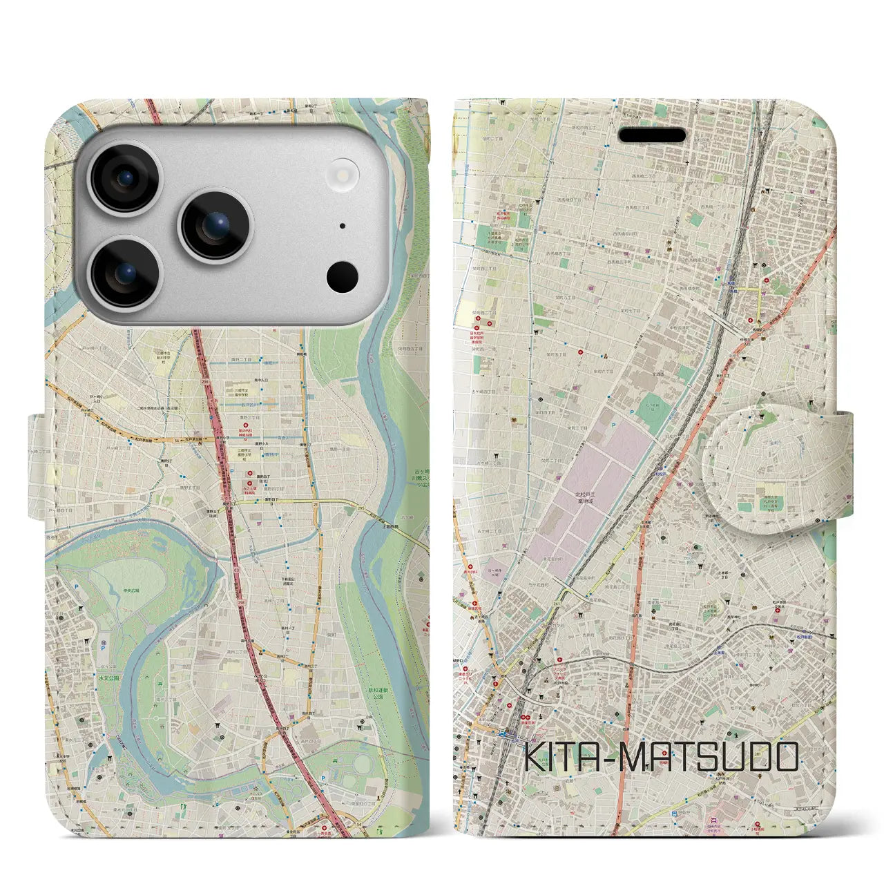 【北松戸(千葉県)】地図柄iPhoneケース(手帳タイプ)モノトーン・iPhone 17 Pro Max 用