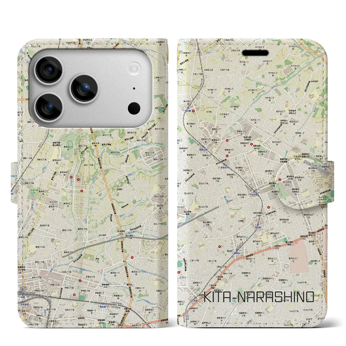 【北習志野(千葉県)】地図柄iPhoneケース(手帳タイプ)モノトーン・iPhone 17 Pro Max 用