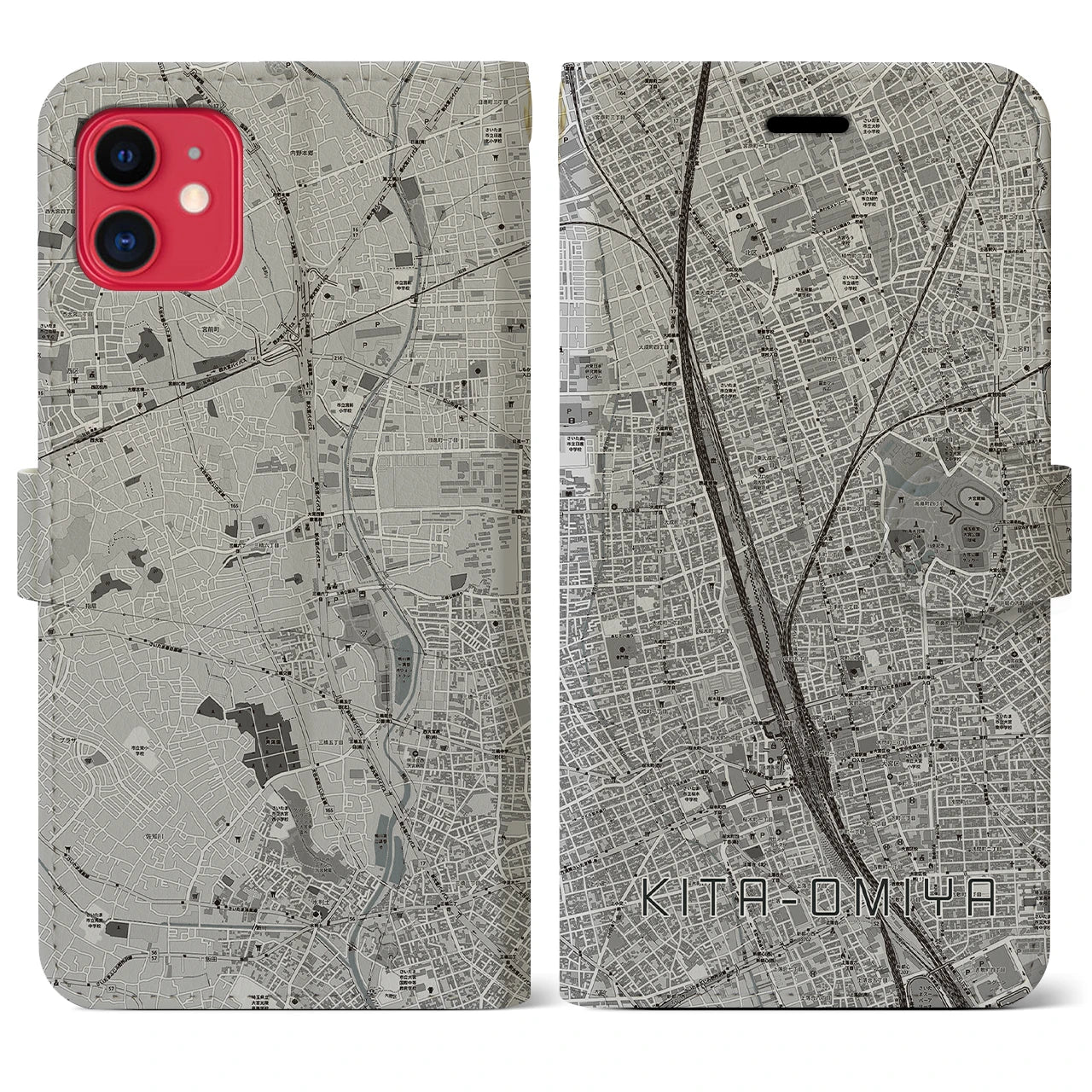 【北大宮(埼玉県)】地図柄iPhoneケース(手帳タイプ)モノトーン・iPhone 11 用