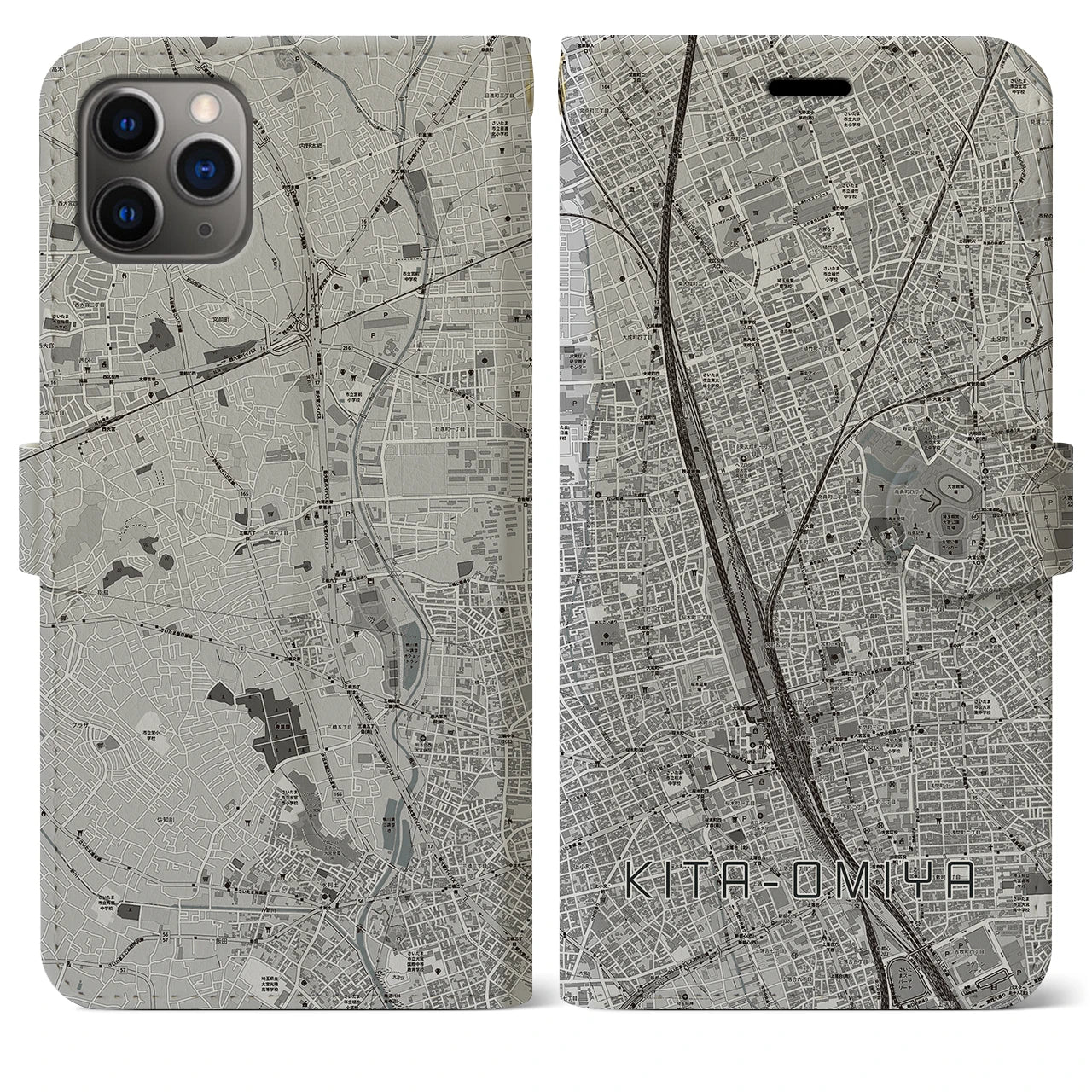 【北大宮(埼玉県)】地図柄iPhoneケース(手帳タイプ)モノトーン・iPhone 11 Pro Max 用