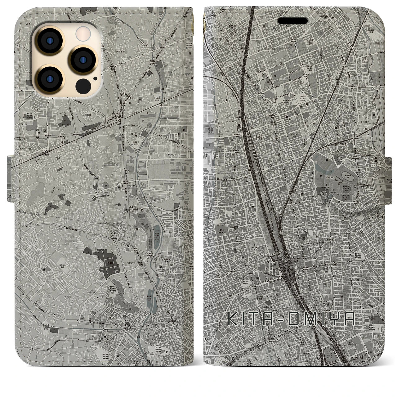 【北大宮(埼玉県)】地図柄iPhoneケース(手帳タイプ)モノトーン・iPhone 12 Pro Max 用