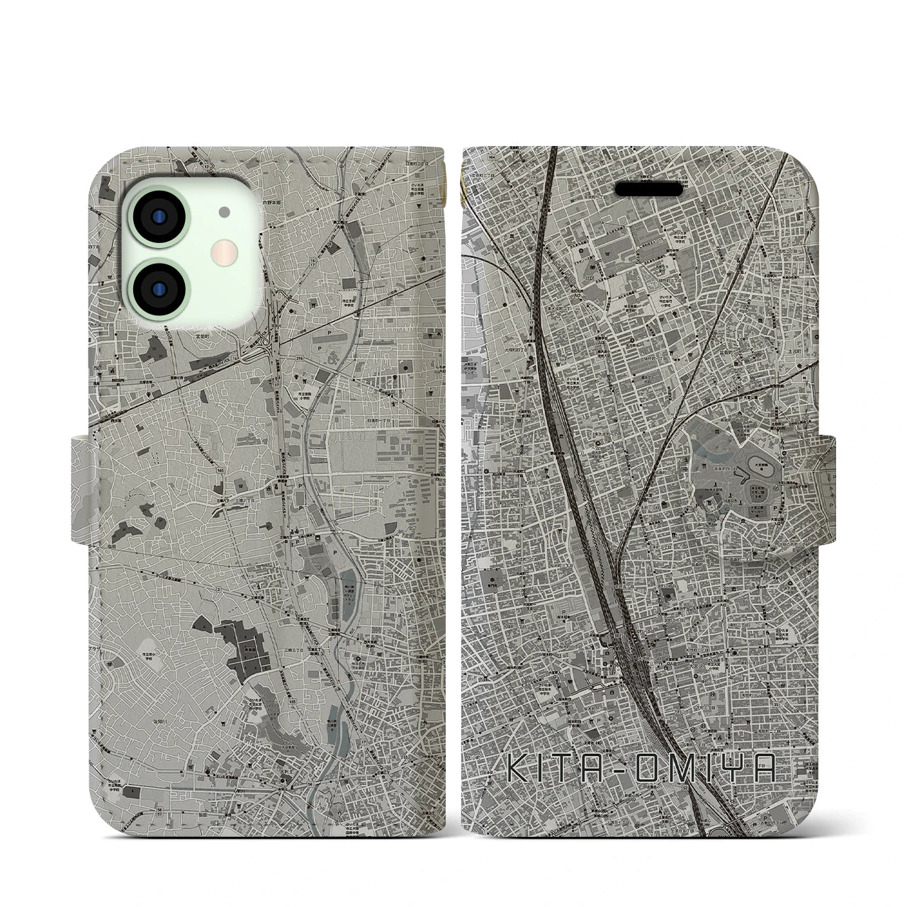 【北大宮(埼玉県)】地図柄iPhoneケース(手帳タイプ)モノトーン・iPhone 12 mini 用