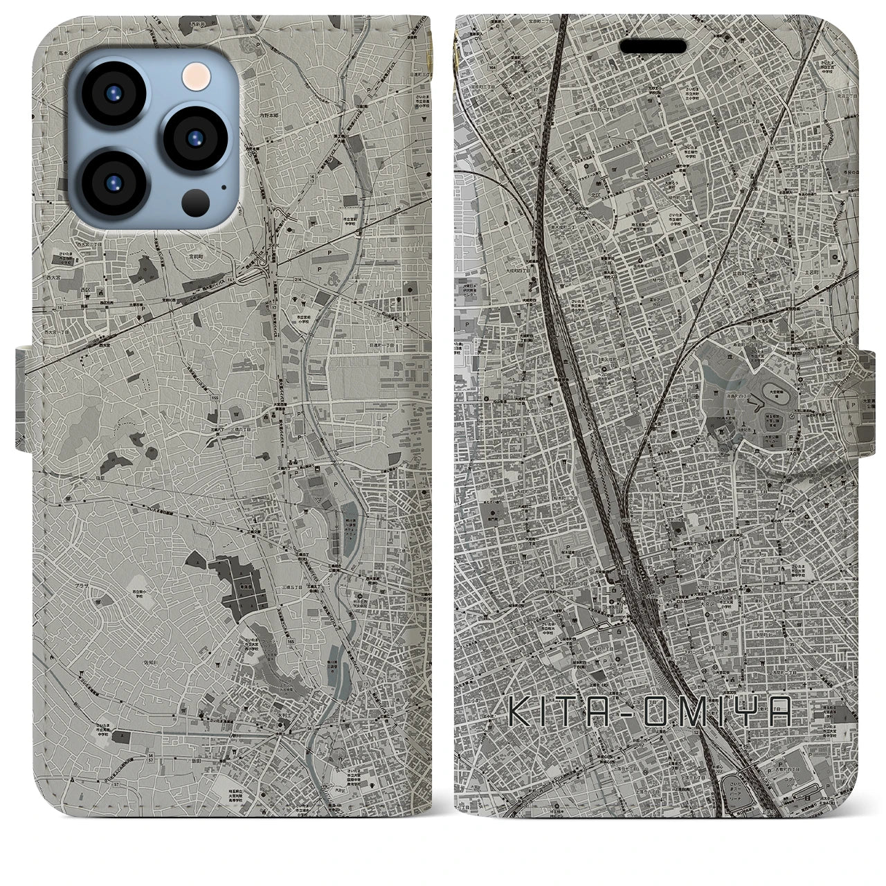 【北大宮(埼玉県)】地図柄iPhoneケース(手帳タイプ)モノトーン・iPhone 13 Pro Max 用