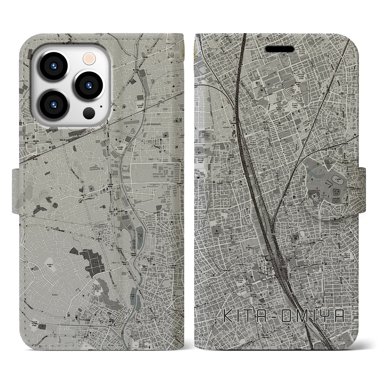 【北大宮(埼玉県)】地図柄iPhoneケース(手帳タイプ)モノトーン・iPhone 13 Pro 用
