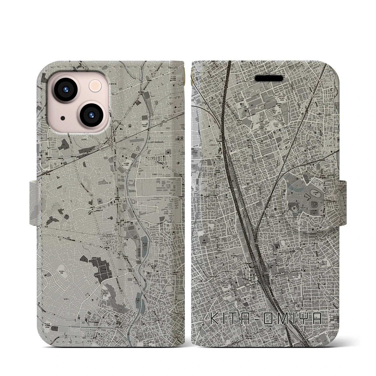 【北大宮(埼玉県)】地図柄iPhoneケース(手帳タイプ)モノトーン・iPhone 13 mini 用