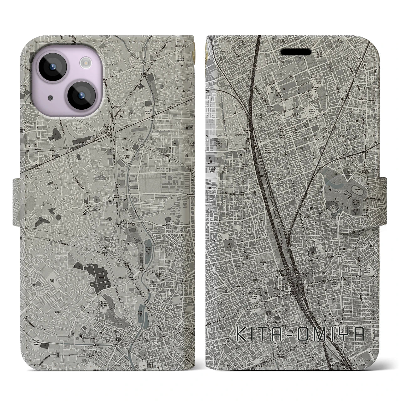 【北大宮(埼玉県)】地図柄iPhoneケース(手帳タイプ)モノトーン・iPhone 14 用