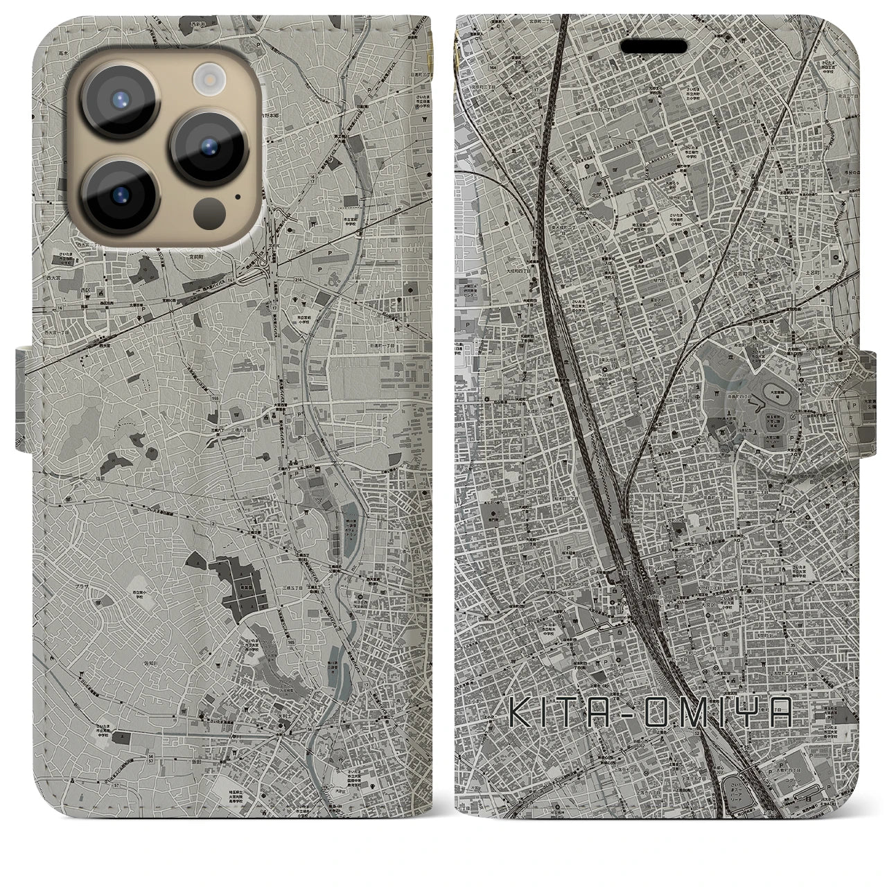 【北大宮(埼玉県)】地図柄iPhoneケース(手帳タイプ)モノトーン・iPhone 14 Pro Max 用