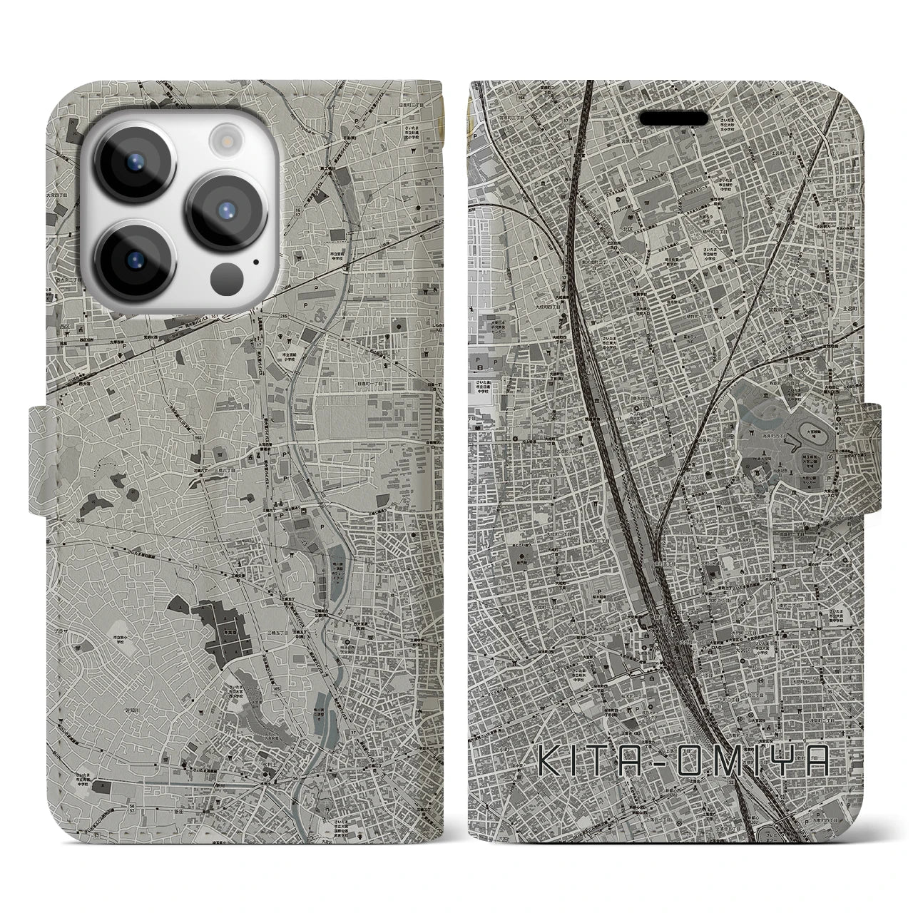 【北大宮(埼玉県)】地図柄iPhoneケース(手帳タイプ)モノトーン・iPhone 14 Pro 用