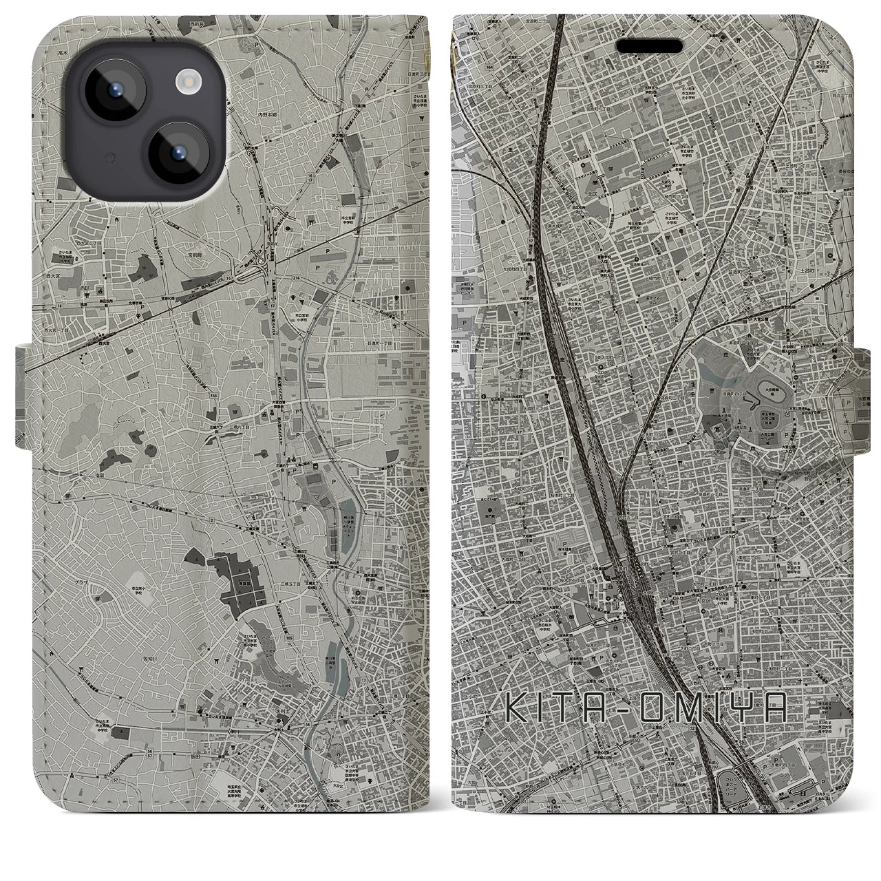 【北大宮(埼玉県)】地図柄iPhoneケース(手帳タイプ)モノトーン・iPhone 14 Plus 用