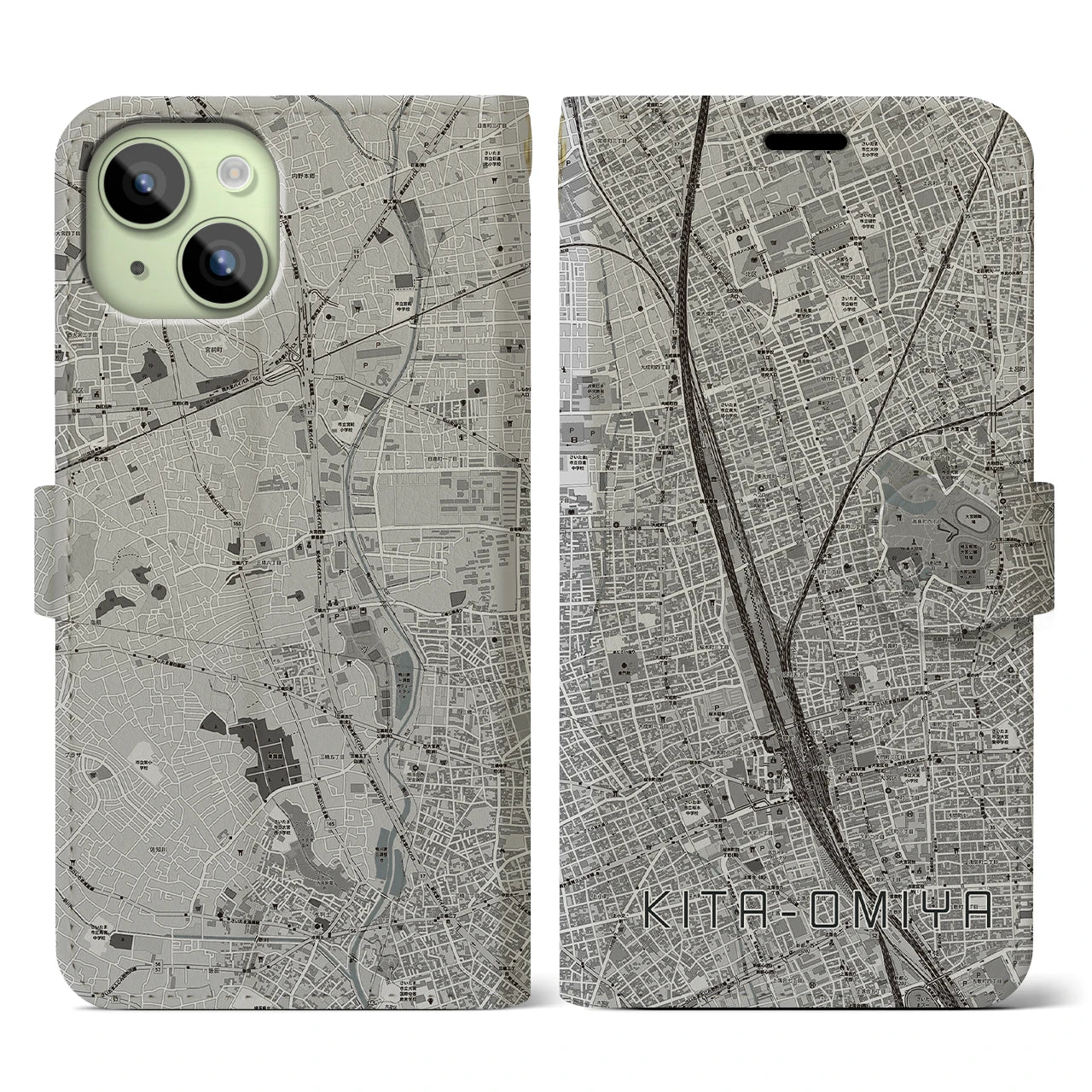 【北大宮(埼玉県)】地図柄iPhoneケース(手帳タイプ)モノトーン・iPhone 15 用