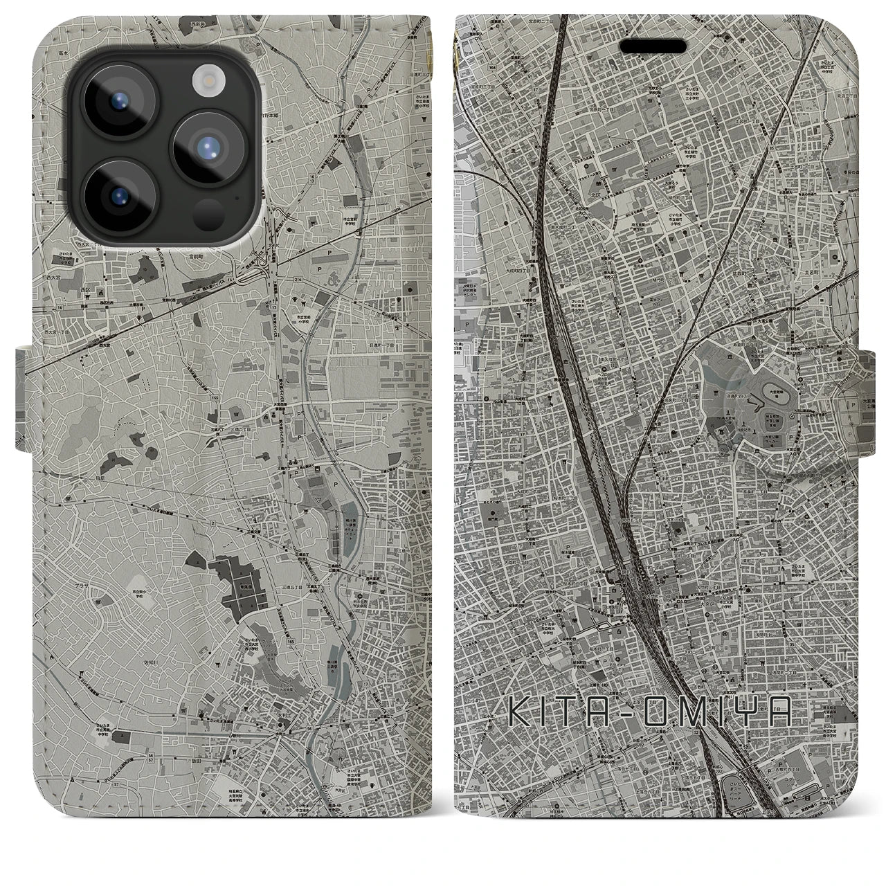 【北大宮(埼玉県)】地図柄iPhoneケース(手帳タイプ)モノトーン・iPhone 15 Pro Max 用