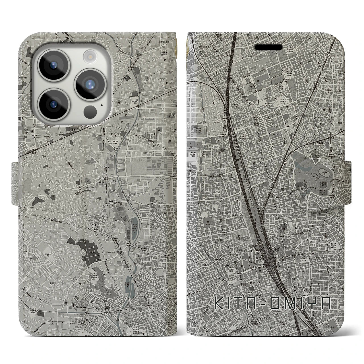 【北大宮(埼玉県)】地図柄iPhoneケース(手帳タイプ)モノトーン・iPhone 15 Pro 用