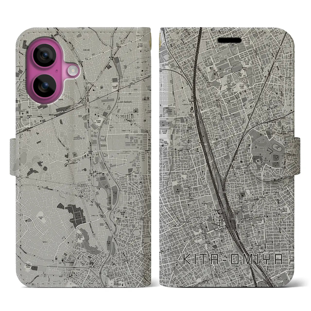 【北大宮(埼玉県)】地図柄iPhoneケース(手帳タイプ)モノトーン・iPhone 16 Pro 用