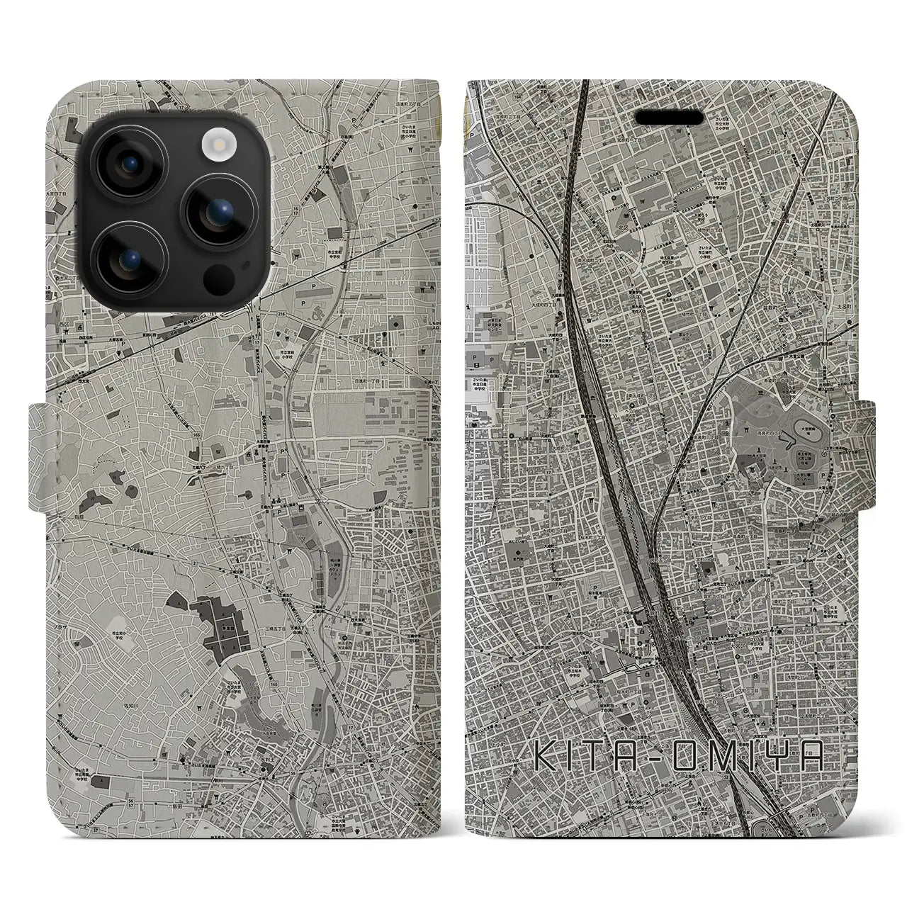 【北大宮(埼玉県)】地図柄iPhoneケース(手帳タイプ)モノトーン・iPhone 16 用