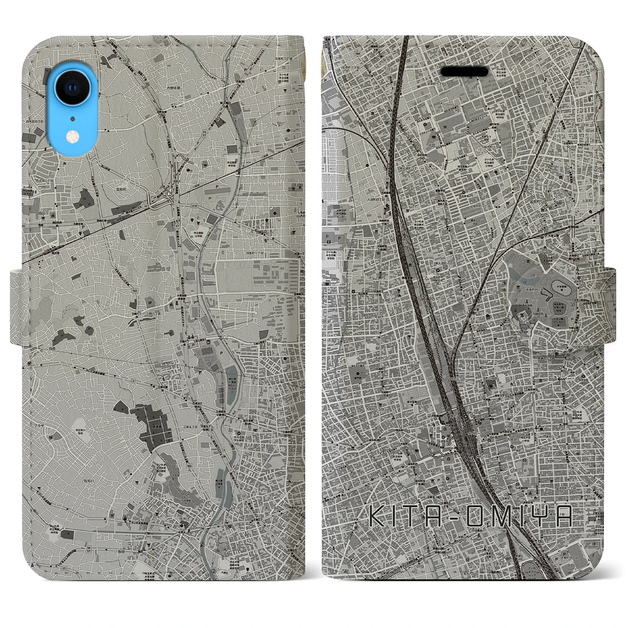 【北大宮(埼玉県)】地図柄iPhoneケース(手帳タイプ)モノトーン・iPhone XR 用
