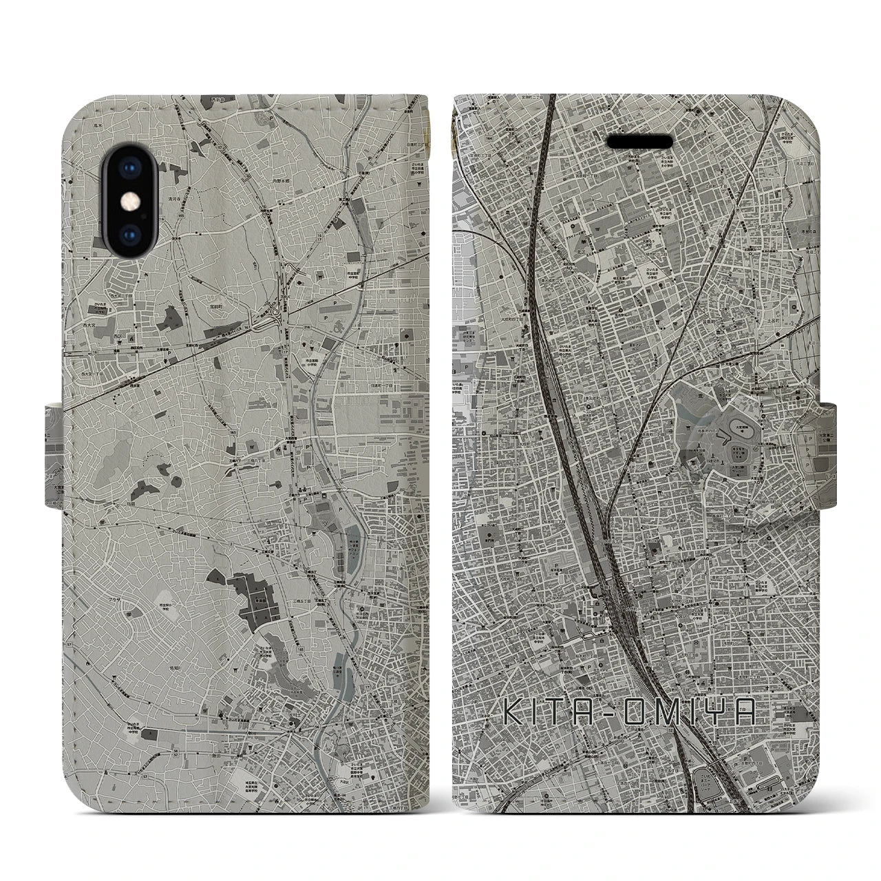 【北大宮(埼玉県)】地図柄iPhoneケース(手帳タイプ)モノトーン・iPhone XS / X 用