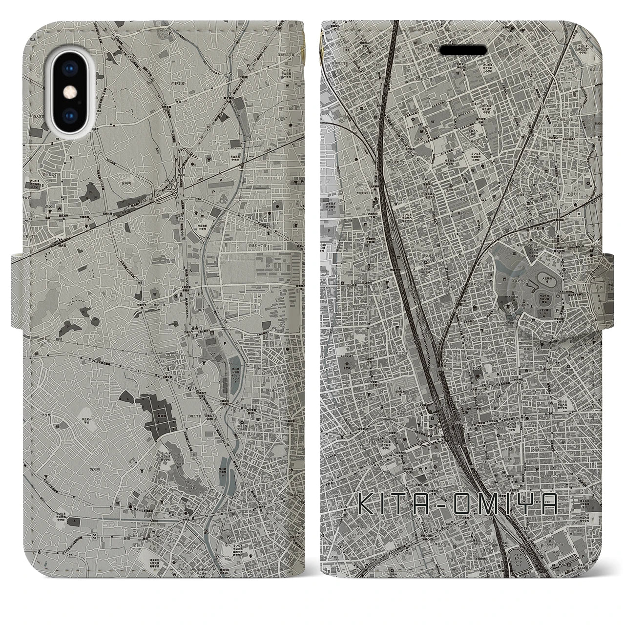 【北大宮(埼玉県)】地図柄iPhoneケース(手帳タイプ)モノトーン・iPhone XS Max 用