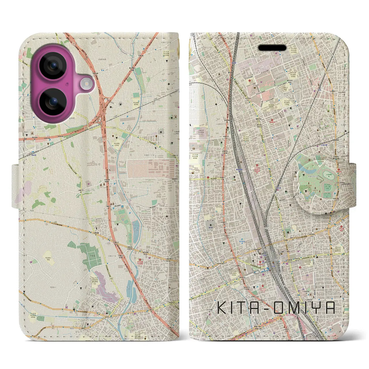 【北大宮(埼玉県)】地図柄iPhoneケース(手帳タイプ)ナチュラル・iPhone 16 Pro 用