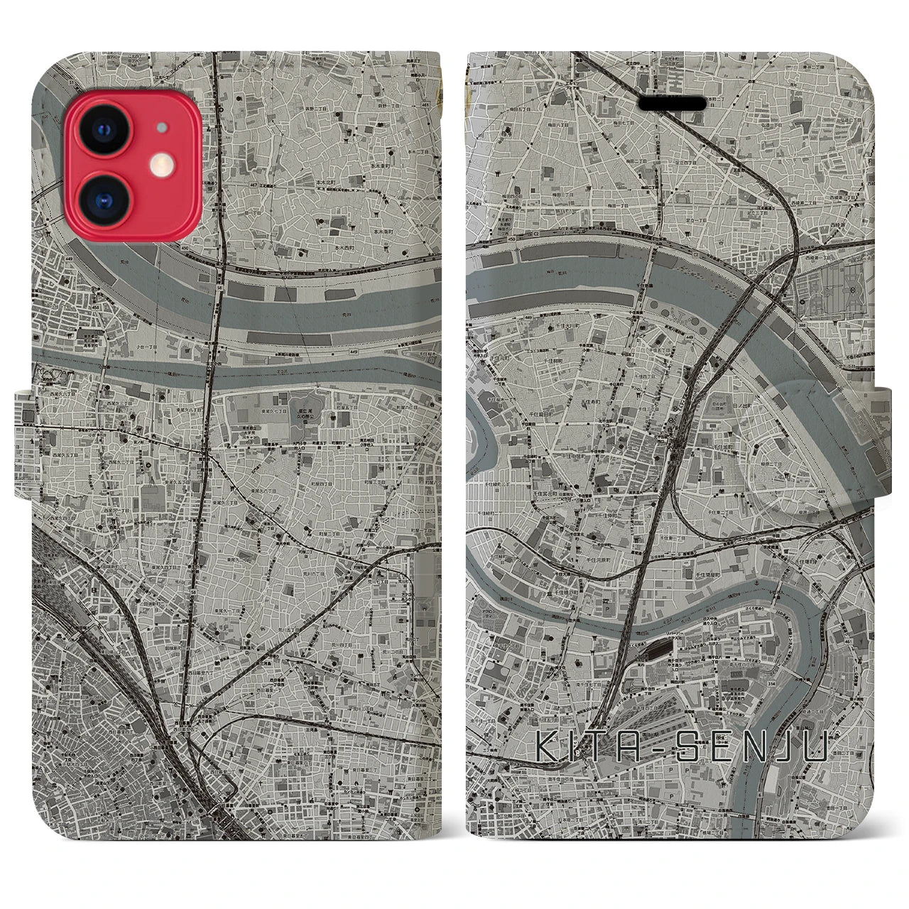 【北千住(東京都)】地図柄iPhoneケース(手帳タイプ)モノトーン・iPhone 11 用