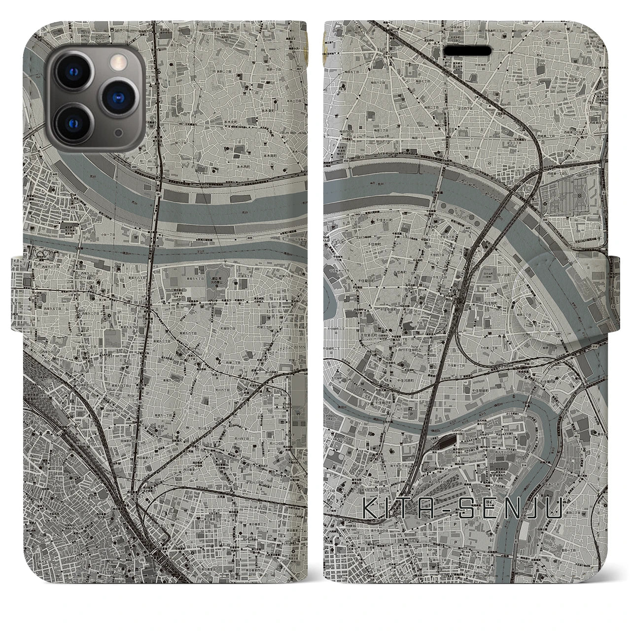 【北千住(東京都)】地図柄iPhoneケース(手帳タイプ)モノトーン・iPhone 11 Pro Max 用