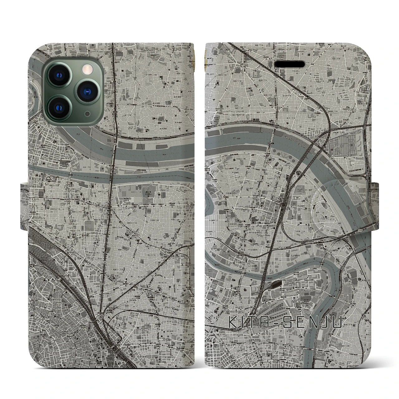 【北千住(東京都)】地図柄iPhoneケース(手帳タイプ)モノトーン・iPhone 11 Pro 用