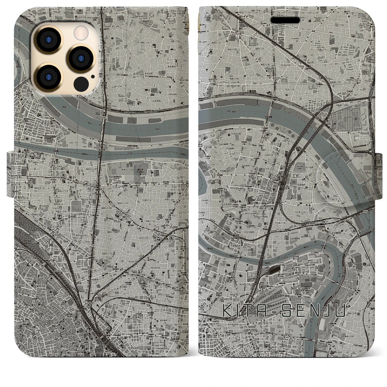 【北千住(東京都)】地図柄iPhoneケース(手帳タイプ)モノトーン・iPhone 12 Pro Max 用