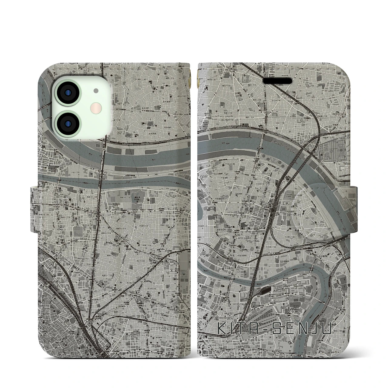 【北千住(東京都)】地図柄iPhoneケース(手帳タイプ)モノトーン・iPhone 12 mini 用