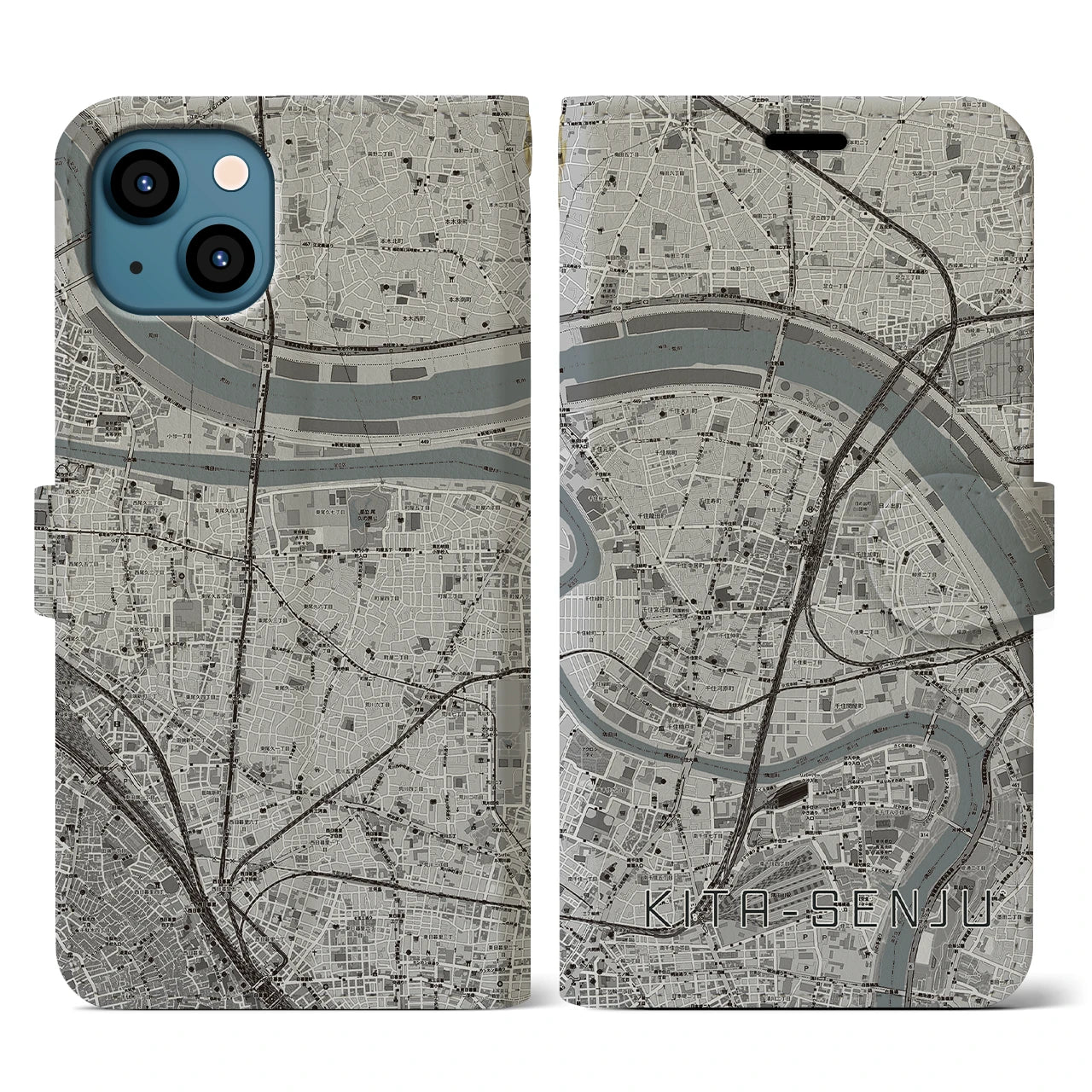 【北千住(東京都)】地図柄iPhoneケース(手帳タイプ)モノトーン・iPhone 13 用