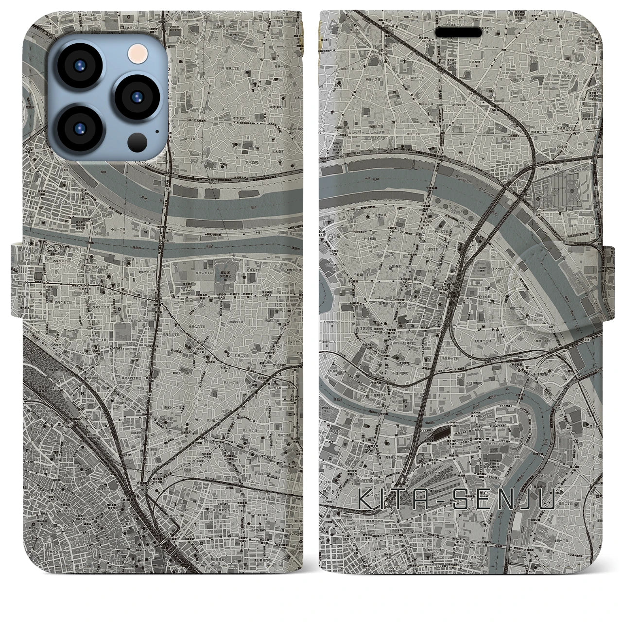 【北千住(東京都)】地図柄iPhoneケース(手帳タイプ)モノトーン・iPhone 13 Pro Max 用