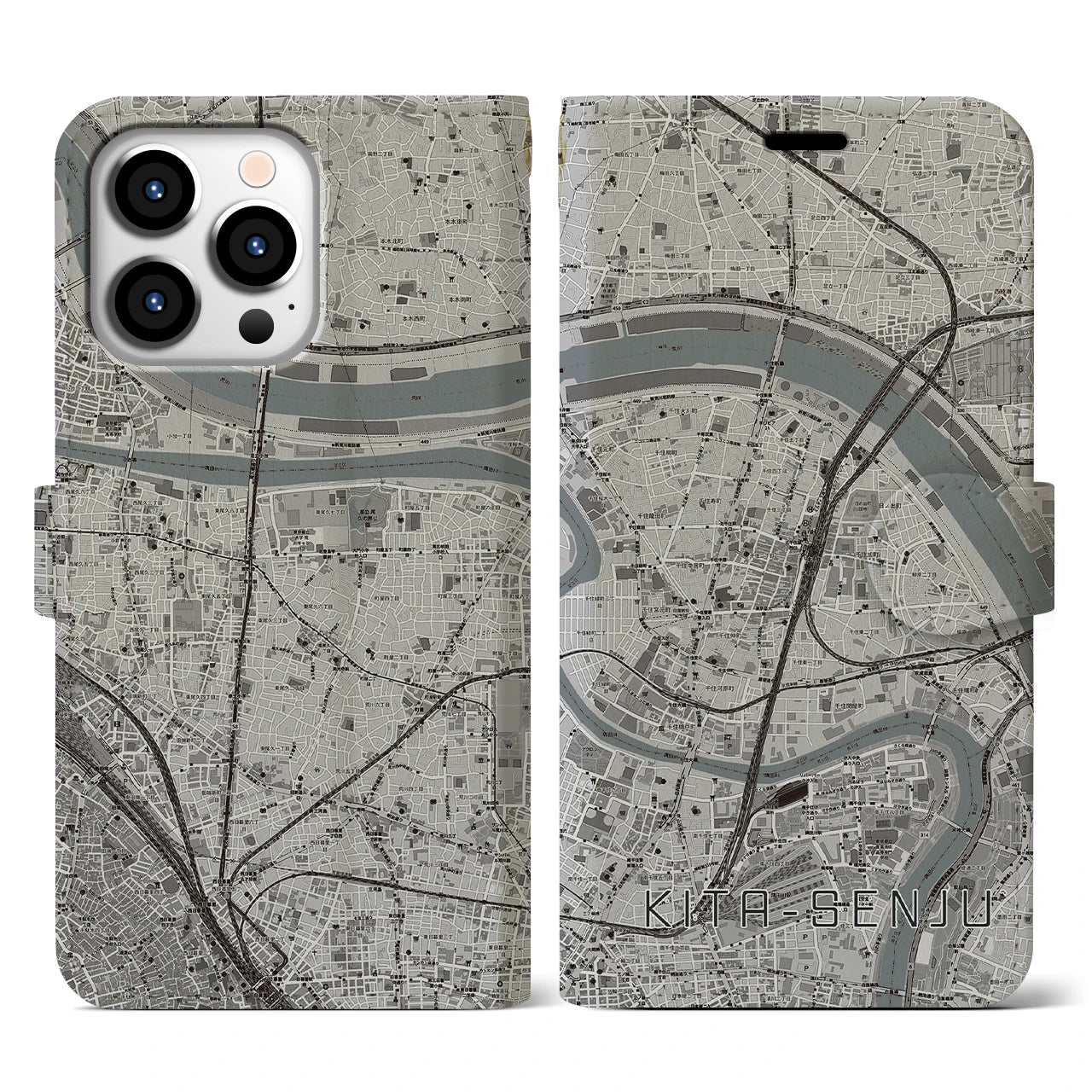 【北千住(東京都)】地図柄iPhoneケース(手帳タイプ)モノトーン・iPhone 13 Pro 用