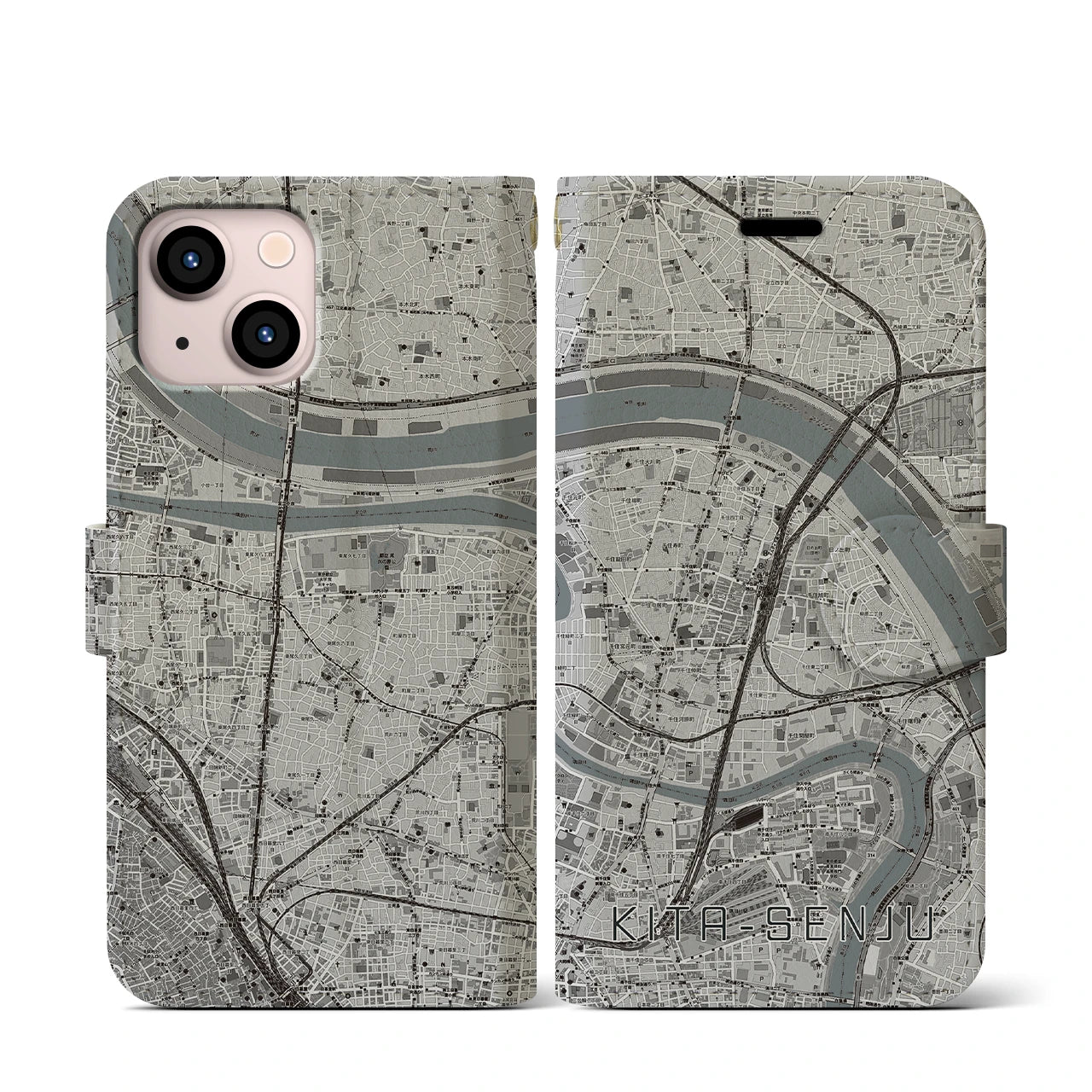 【北千住(東京都)】地図柄iPhoneケース(手帳タイプ)モノトーン・iPhone 13 mini 用