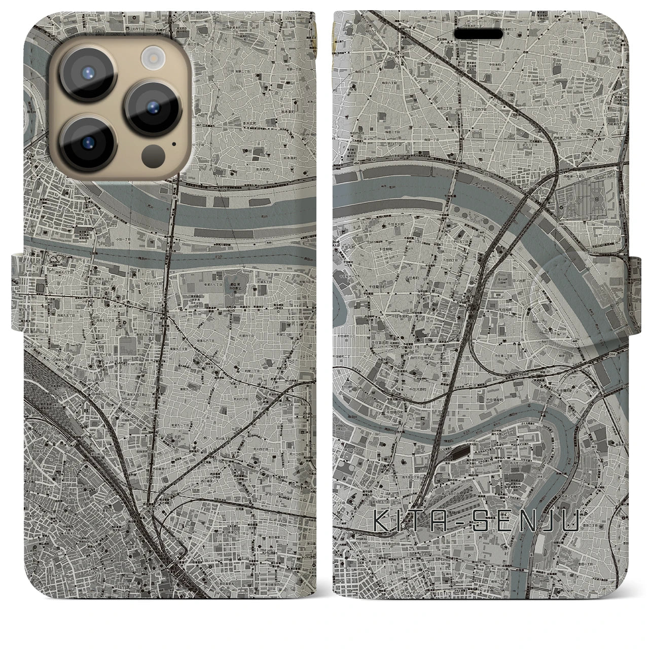 【北千住(東京都)】地図柄iPhoneケース(手帳タイプ)モノトーン・iPhone 14 Pro Max 用